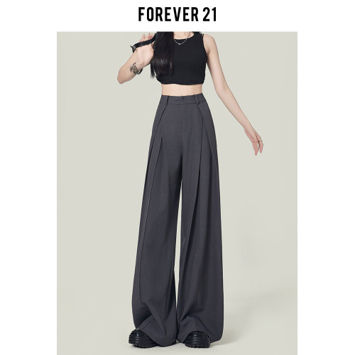 Forever 21灰色褶皺西裝濶腿休閒褲女夏小個子百搭顯高直筒拖地褲