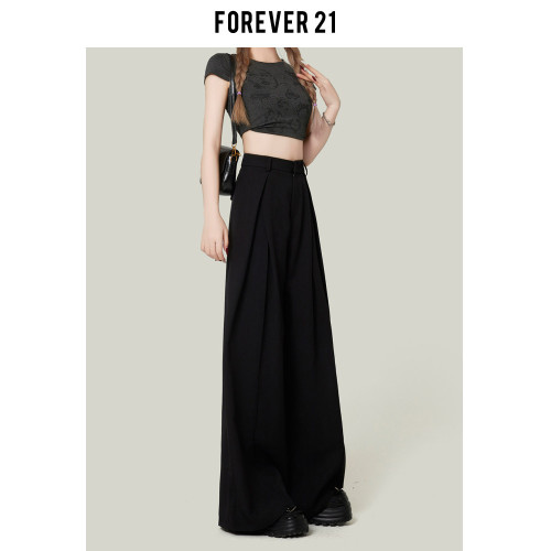Forever 21灰色褶皺西裝濶腿休閒褲女夏小個子百搭顯高直筒拖地褲