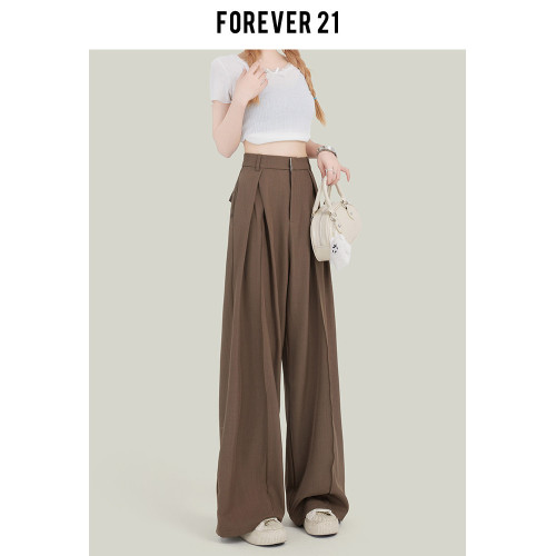 Forever 21灰色褶皺西裝濶腿休閒褲女夏小個子百搭顯高直筒拖地褲