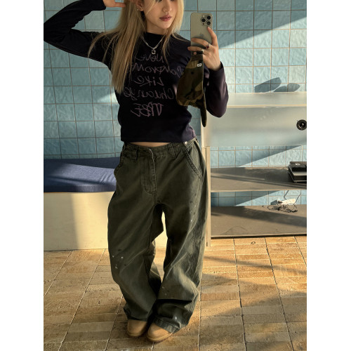 川川也做舊水洗潑墨直筒寬鬆工裝褲男女街頭潮流百搭可調節褲子潮