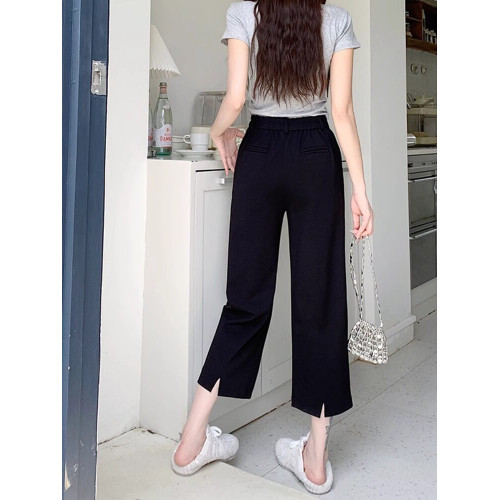 梨形身材開叉直筒休閒褲女夏季薄款大碼胖mm高腰彈力顯瘦八分褲子