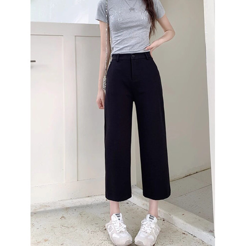 梨形身材開叉直筒休閒褲女夏季薄款大碼胖mm高腰彈力顯瘦八分褲子