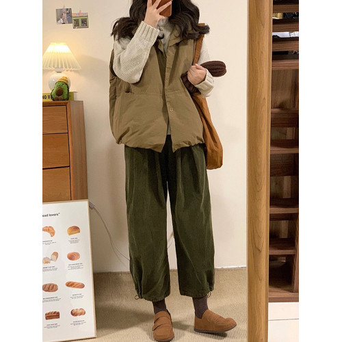 燈芯絨加絨束腳運動衛褲女秋冬復古小個子寬鬆哈倫直筒濶腿休閒褲