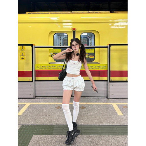 韓國新款奶油泡芙白色花苞褲女夏小個子蕾絲辣妹超短褲彈力松緊腰