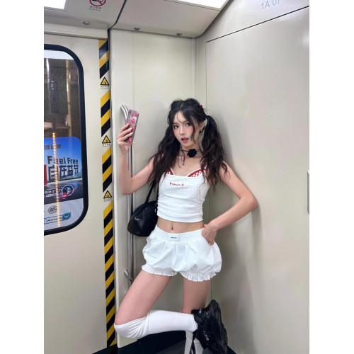 韓國新款奶油泡芙白色花苞褲女夏小個子蕾絲辣妹超短褲彈力松緊腰