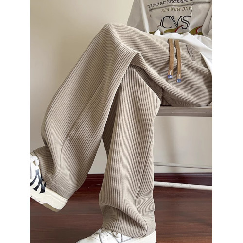 卡其色燈芯絨褲子女秋冬寬鬆慵懶風直筒大碼胖mm休閒百搭濶腿衛褲