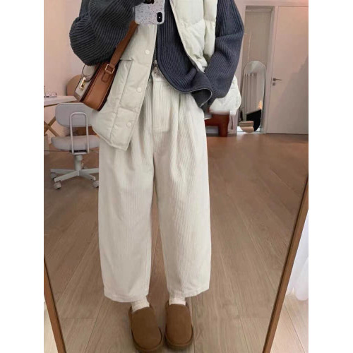日系卡其濶腿奶奶褲女秋冬加厚小個子燈芯絨哈倫顯瘦休閒蘿蔔褲xs