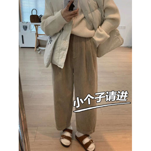 日系卡其濶腿奶奶褲女秋冬加厚小個子燈芯絨哈倫顯瘦休閒蘿蔔褲xs