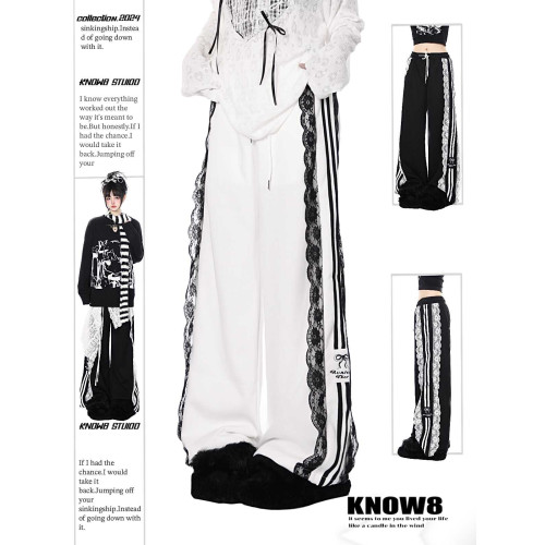 KNOW8原創蕾絲拼接運動褲女春夏寬鬆直筒休閒濶腿長褲子