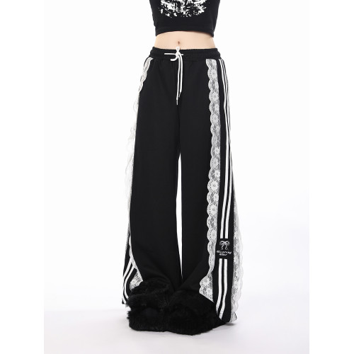 KNOW8原創蕾絲拼接運動褲女春夏寬鬆直筒休閒濶腿長褲子