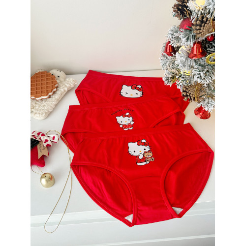 好運常在3條裝可愛少女新年本命年大紅色中腰純棉抑菌襠女士內褲