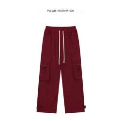美式寬鬆街舞紅色工裝褲男女小個子春秋冬款加絨顯瘦濶腿休閒長褲