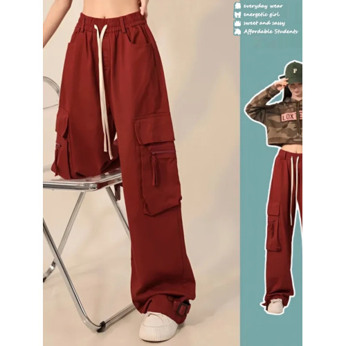 美式寬鬆街舞紅色工裝褲男女小個子春秋冬款加絨顯瘦濶腿休閒長褲