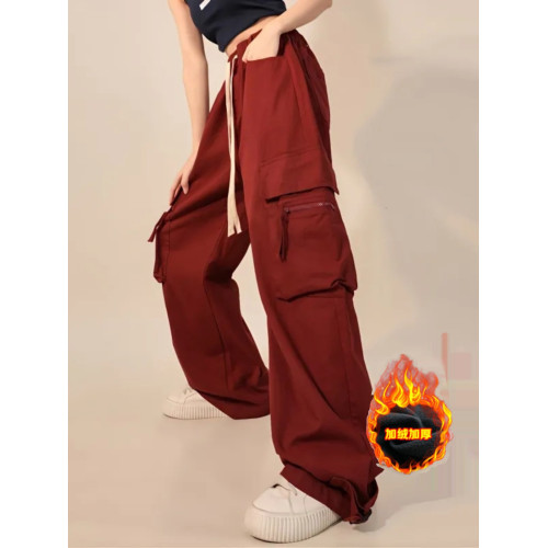美式寬鬆街舞紅色工裝褲男女小個子春秋冬款加絨顯瘦濶腿休閒長褲