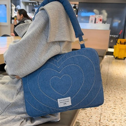 韓國ins牛仔刺綉筆記型電腦包手提14寸適用蘋果macbookair/pro13.3蝴蝶結單肩托特包女聯想華爲內膽16