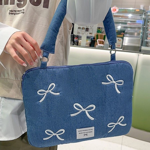 韓國ins牛仔刺綉筆記型電腦包手提14寸適用蘋果macbookair/pro13.3蝴蝶結單肩托特包女聯想華爲內膽16