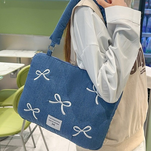 韓國ins牛仔刺綉筆記型電腦包手提14寸適用蘋果macbookair/pro13.3蝴蝶結單肩托特包女聯想華爲內膽16