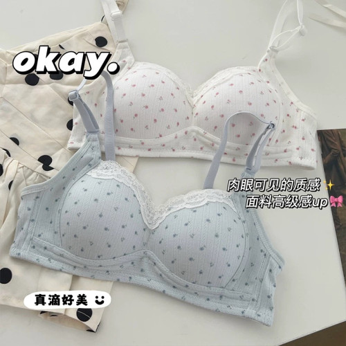 甜美碎花少女內衣女小胸聚攏秋冬收副乳防走光防震學生高中生文胸