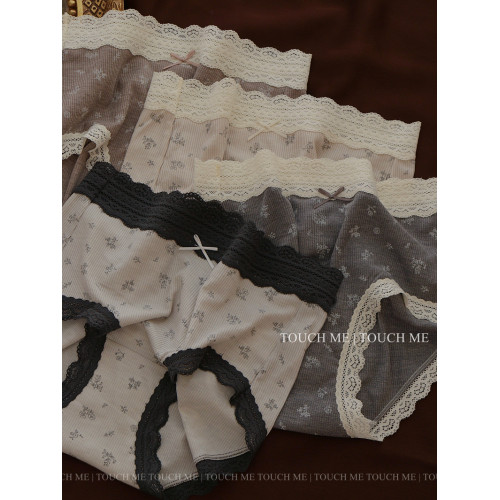touchme法式復古螺紋碎花蕾絲邊裸感內褲女透氣抑菌純棉襠中腰3條