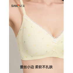#三福 薄B杯無鋼圈聚攏文胸 清新碎花蕾絲小邊無感內衣女503581