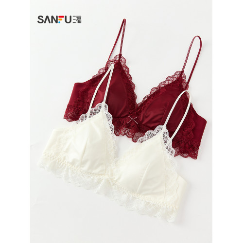 三福無鋼圈文胸法式三角杯本命年大紅色蕾絲細肩帶內衣女512176