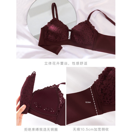 酒紅色內衣套裝女士大碼薄款本命年無鋼圈蕾絲聚攏大胸顯小文胸罩