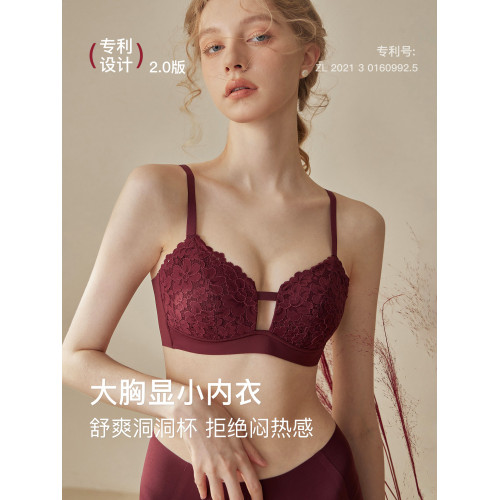 酒紅色內衣套裝女士大碼薄款本命年無鋼圈蕾絲聚攏大胸顯小文胸罩