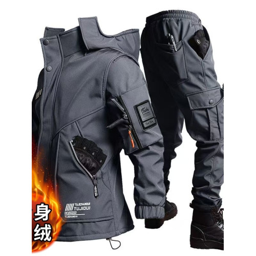 加絨工作服軟殼沖鋒衣套裝男冬季防寒保暖防水防風加厚騎行登山服