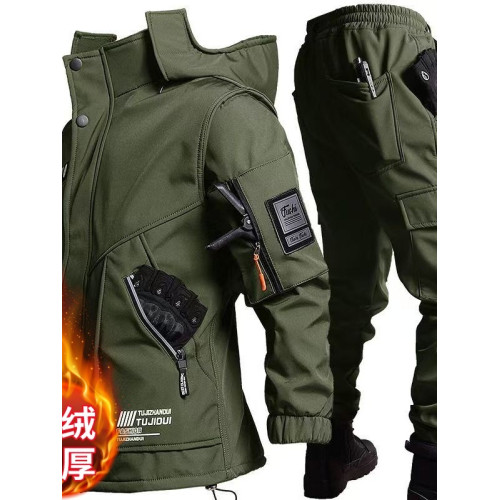 加絨工作服軟殼沖鋒衣套裝男冬季防寒保暖防水防風加厚騎行登山服