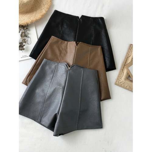 pu皮短褲女秋冬季外穿小個子2023新款黑色高腰顯瘦濶腿褲打底靴褲