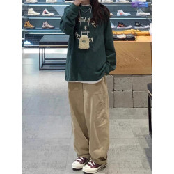 卡其色褲子女日系工裝休閒褲高腰直筒大碼胖mm梨形身材寬鬆濶腿褲