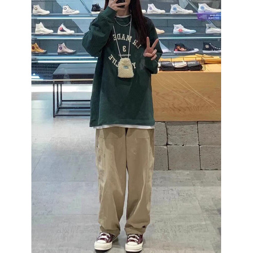 卡其色褲子女日系工裝休閒褲高腰直筒大碼胖mm梨形身材寬鬆濶腿褲