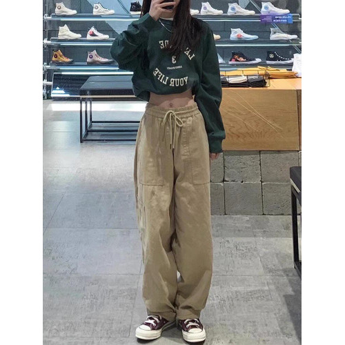 卡其色褲子女日系工裝休閒褲高腰直筒大碼胖mm梨形身材寬鬆濶腿褲