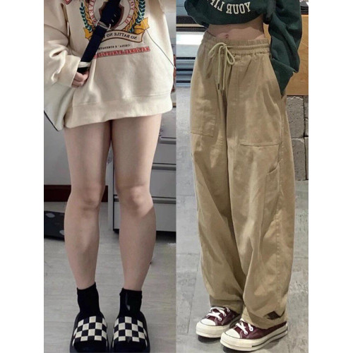 卡其色褲子女日系工裝休閒褲高腰直筒大碼胖mm梨形身材寬鬆濶腿褲