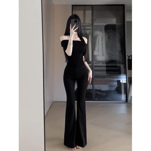 小個子150XS秋季韓版簡約百搭高腰顯瘦修身純色休閒彈力喇叭褲女