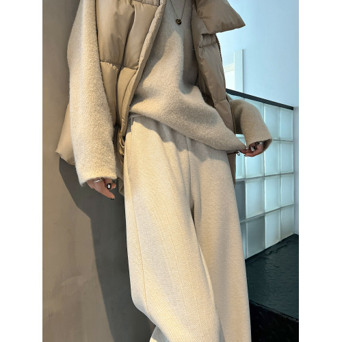 黑色毛呢窄版濶腿褲女2025秋冬新款高腰加絨休閒褲子人字紋直筒褲