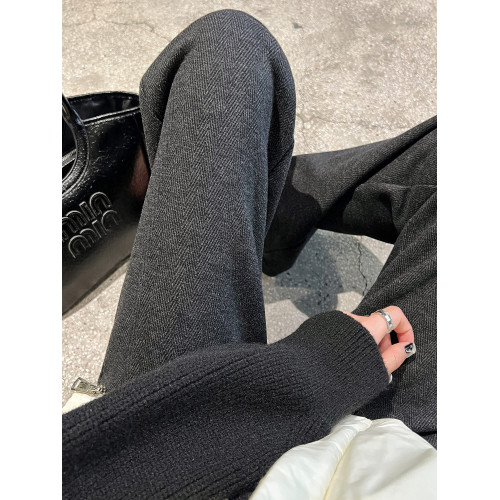 黑色毛呢窄版濶腿褲女2025秋冬新款高腰加絨休閒褲子人字紋直筒褲