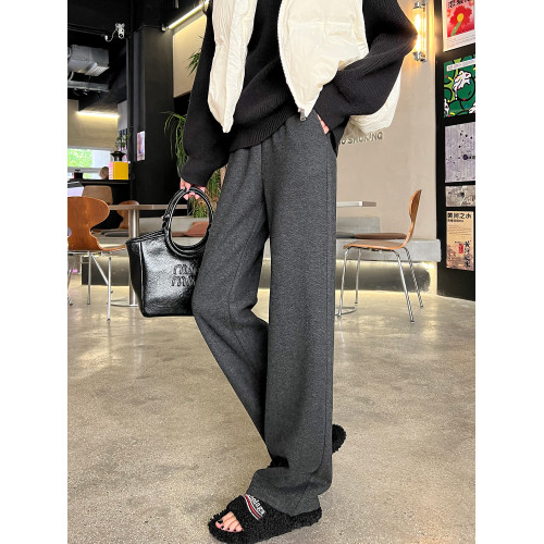 黑色毛呢窄版濶腿褲女2025秋冬新款高腰加絨休閒褲子人字紋直筒褲