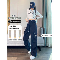 拉夏貝爾藏青冬工裝褲女春秋2025新款小個子高腰濶腿傘兵加絨褲子