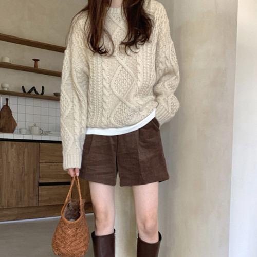 韓版chic秋冬百搭復古燈芯絨短褲休閒褲女小個子高腰直筒濶腿褲子