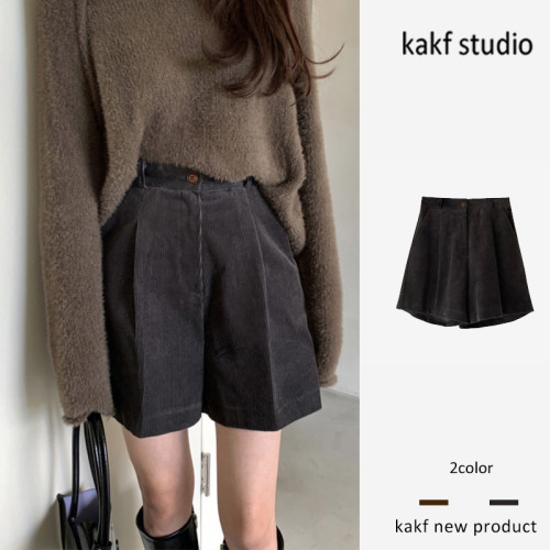 韓版chic秋冬百搭復古燈芯絨短褲休閒褲女小個子高腰直筒濶腿褲子