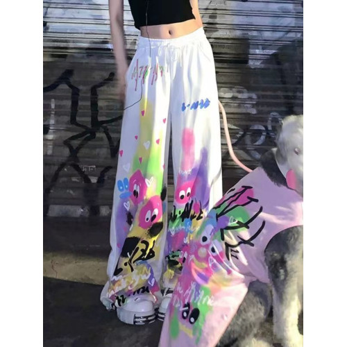 Cartoon-print drawstring wide-leg trousers卡通印花拖地濶腿褲