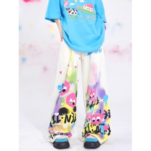 Cartoon-print drawstring wide-leg trousers卡通印花拖地濶腿褲