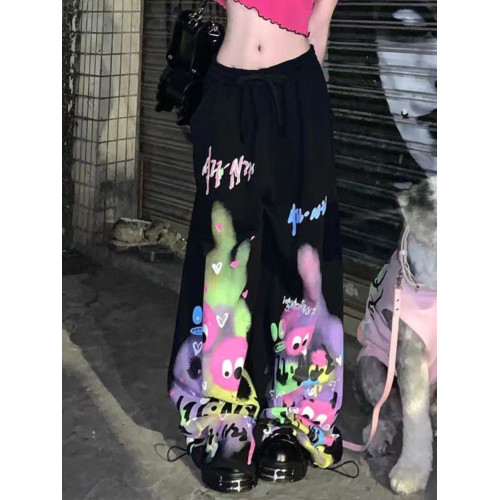 Cartoon-print drawstring wide-leg trousers卡通印花拖地濶腿褲