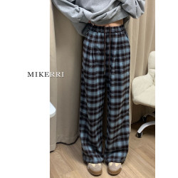 格子休閒褲女直筒秋冬加絨大碼胖mm寬鬆顯瘦梨型身材垂感濶腿褲子