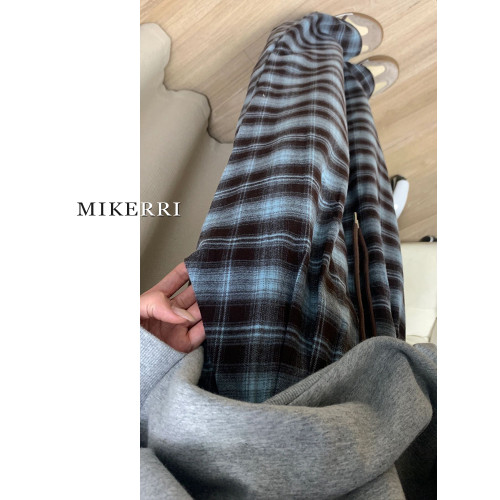 格子休閒褲女直筒秋冬加絨大碼胖mm寬鬆顯瘦梨型身材垂感濶腿褲子