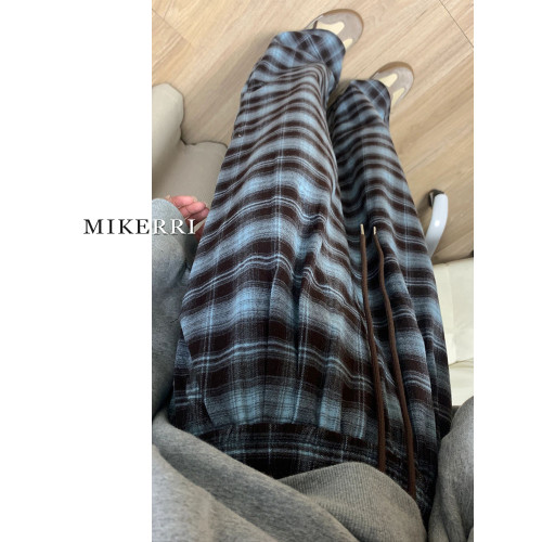 格子休閒褲女直筒秋冬加絨大碼胖mm寬鬆顯瘦梨型身材垂感濶腿褲子