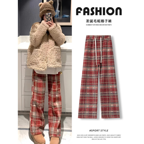紅色復古毛呢格子褲女秋季2025新款高腰垂感外穿休閒褲加絨濶腿褲