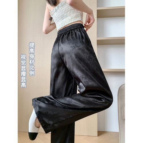 新中式國風提花緞面冰絲濶腿褲女夏季薄款褲子松緊高腰垂感拖地褲