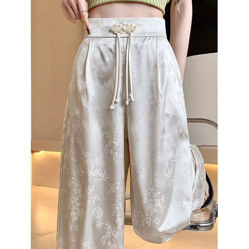 新中式國風提花緞面冰絲濶腿褲女夏季薄款褲子松緊高腰垂感拖地褲
